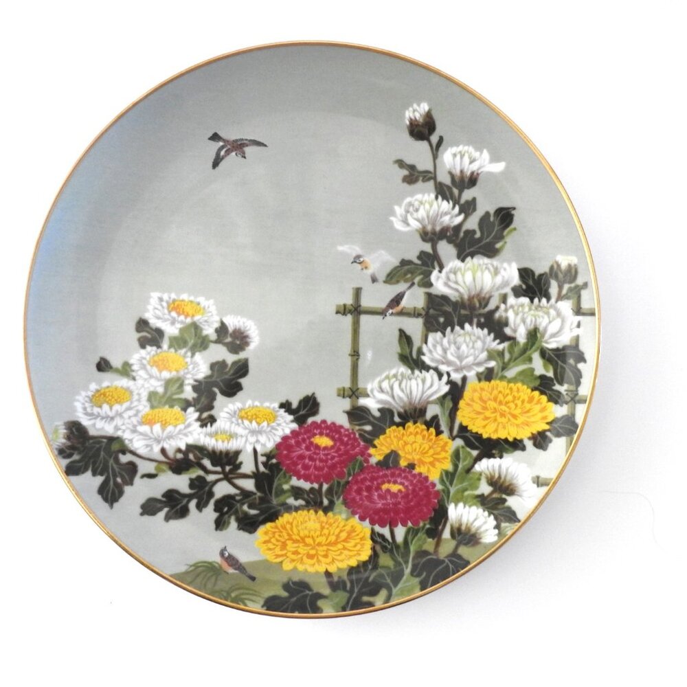 Painted Ceramic Dinner Plate Naoka Nobata 1979 Flowers Sparrows Japan October